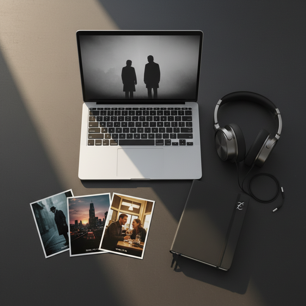 An overhead photographic view of a dark, matte-finish table where a minimalist film-critique workspace is arranged: a slim silver laptop displaying a grayscale, text-free film still, a pair of over-ear headphones with brushed metal accents, and a small notebook labeled only with an elegant symbol in the top corner. Nearby, three printed, borderless still frames from different movie genres lie slightly overlapping, hinting at theme, duration, and rating details. Soft, diffused afternoon light from an unseen window creates subtle reflections on the laptop and gentle shadows. The mood is analytical yet warm, with a clean, modern, sophisticated atmosphere, perfect for a blog dedicated to thoughtful, socially aware film reviews.